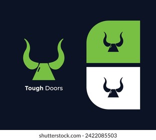 Logo minimalista creativo de la puerta verde vibrante - diseño del logo de la puerta y el cuerno de buey