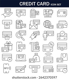 Minimal credit card icon set featuring payment, security, NFC, online shopping, and transaction symbols. Perfect for fintech, mobile apps, e-commerce, and finance-related UI and UX designs.