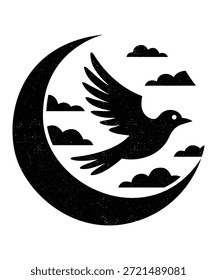 Luna creciente mínima y pájaro volador Vector de emblema afligido