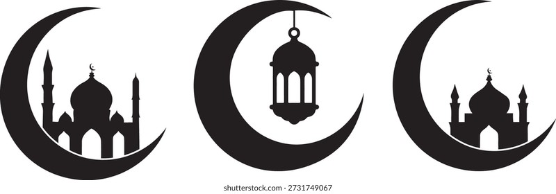 Ícones mínimos da silhueta do Ramadã da mesquita da lua crescente