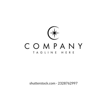 minimal crescent moon with star logo design