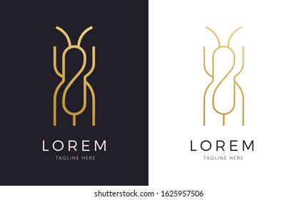 Minimal Cricket insect logo design with gold colour and linear style