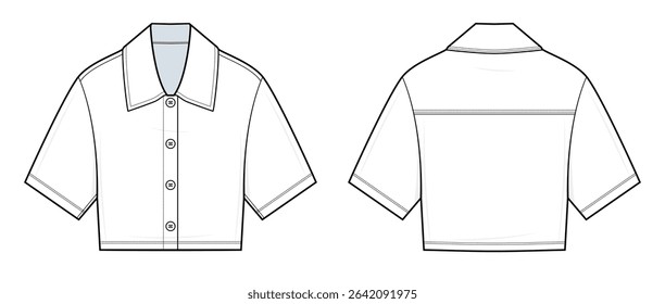 Minimal Cropped Shirt Technical Fashion Illustration. Button-Up Short Sleeve Shirt Vector Template. Front and Back View. Clean Yoke Detail. Boxy Fit. Women’s Wear. CAD Mockup Set.