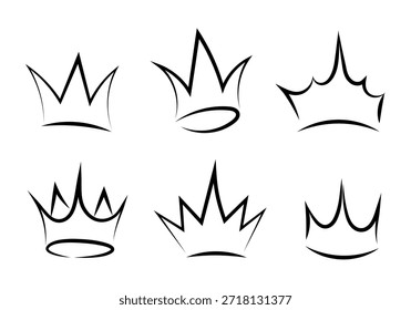 Minimal crown icon set in black outline style. Simple hand drawn royal symbols suitable for logo design, branding, tattoo concepts, labels, badges, prints and luxury themed projects.