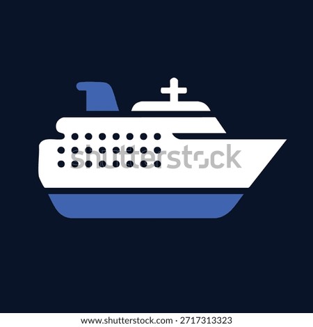 Minimal cruise ship icon, flat vector illustration, modern travel logo style, clean shapes, White and Blue vector centered on Black background