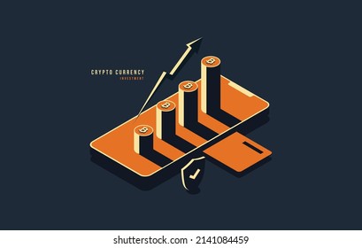 Minimal crypto currency isometric design, Block chain technology concept, Digtital advertising and marketing for future money investment
