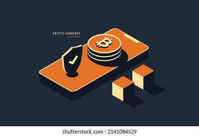 Minimal crypto currency isometric design, Block chain technology concept, Digtital advertising and marketing for future money investment