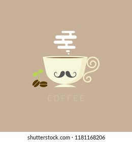 a minimal cup of coffee with coffee bean logo label icon sticker in brown background,flat vector illustration cartoon design isolated