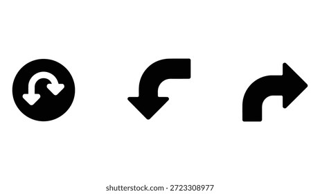 Conjunto de iconos de flecha curvada mínima que muestra las direcciones de giro a la izquierda, giro a la derecha y giro en U aisladas en el fondo blanco para la navegación, la interfaz de usuario y el diseño de señalización