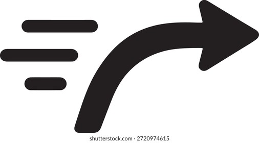 Minimal curved arrow with motion lines icon representing direction, navigation, movement, and workflow. Solid black vector for UI and diagrams.