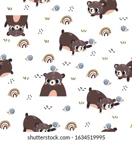 Minimal cute bear and snail seamless vector pattern. Scandinavian style with texture elements
