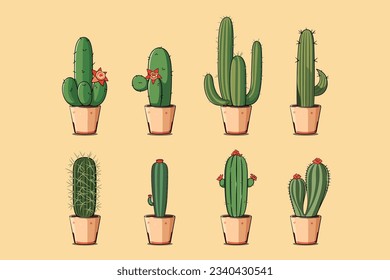 Minimal cute cactus drawing vector collection