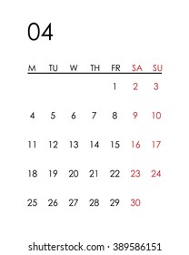 Minimal cute calendar template. Vector illustration for print or web.