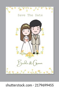 Minimal Cute Cartoon bride and groom with flower wedding invitation card 