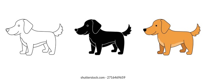 Conjunto de personajes de perro lindo mínimo: contorno, Ilustraciones para mascotas de color sólido, negro y plano aisladas en blanco