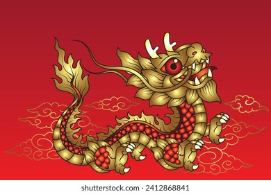 Minimal cute golden Chinese dragon with cloud on red background. Lunar day festival.