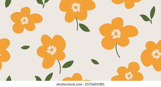 Minimal cute hand draw flower pattern beautifully floral green and yellow, seamless designs on textiles, clothing, gift wrapping, banners, home decor, abstract backgrounds. Vector illustration.