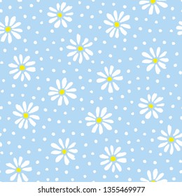 Minimal cute hand-painted daisies and dots on sky blue background vector seamless patters. Spring summer floral print