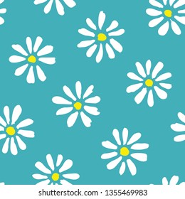 Minimal cute hand-painted daisies on teal background vector seamless patters. Spring summer floral print