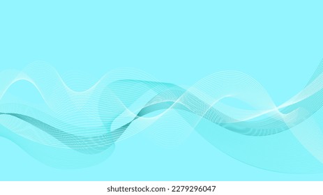 Minimal cyan background with abstract white and blue waves and space for text. Imitation of water movement. Design template for wallpaper, banner, poster, social media, web site. Vector image.  
