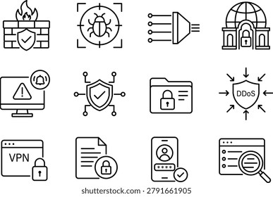 Minimal cybersecurity icon collection featuring firewall protection, VPN security, authentication, malware detection, secure documents, and monitoring.