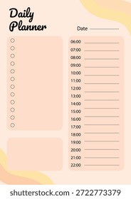 Plantilla diaria mínima del planificador con horario horario de la mañana a la tarde. Perfecto para la productividad, gestión del tiempo, tareas de planificación, planificadores imprimibles, planificadores digitales, cuadernos y diseño de papelería. Ilustración vectorial, editable y listo para imprimir.