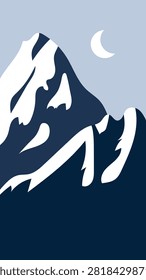 Minimal Dark Blue Winter Mountain Landscape with Snowy Peaks and Moon Flat Vector