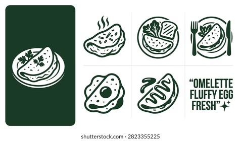 Minimal dark forest green American omelette and fluffy egg fresh icon set. Features flat vector breakfast symbols, plated meals, toast, and garnish on a clean white background.