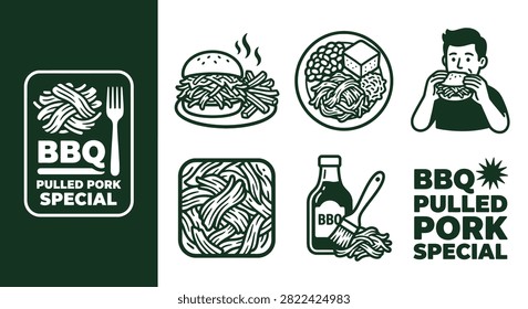 Minimal dark forest green BBQ pulled pork special icon set featuring a sandwich, platter, meat texture, sauce bottle, and stylized logo for food menu design and restaurant signage.