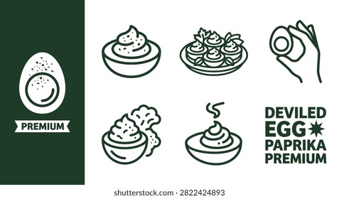 Minimal Dark Forest Green Deviled Egg with Paprika Icon Set, Premium Flat Vector Graphics Featuring Classic American Appetizer Plating, Hand Holding Egg, and Food Texture Illustrations.