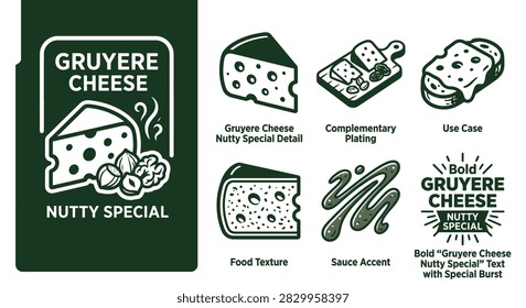 Minimal dark forest green icon set for Gruyere Cheese Nutty Special featuring cheese wedges, nuts, plating ideas, and food texture icons. Vector flat style set on a clean white background.