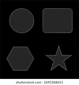 Minimal Dark Geometric Shapes Set — Circle, Rectangle, Hexagon, and Star on Black Background