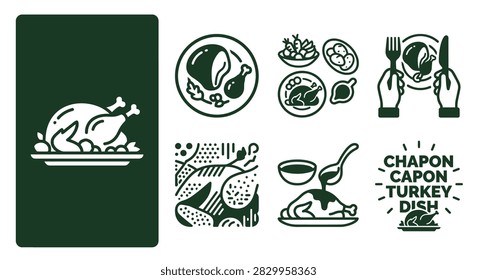 Minimal dark green vector icon set for roasted chapon capon turkey dish. Features whole bird, meat slices, side dishes, gravy, and typography for menus or culinary branding.