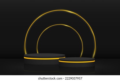 Mínima plataforma de escena oscura con podio negro y círculo dorado. Representación vectorial de la forma peatonal del podio para la presentación del producto, escaparate, burla. Plataforma de etapa mínima