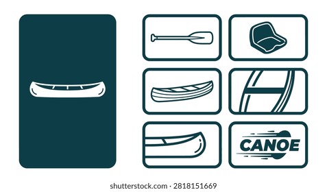 Minimal dark teal canoe icon set featuring vector illustrations of a paddle, seat, hull, thwart, and bow. Professional flat graphic design for outdoor sports and boat accessories.