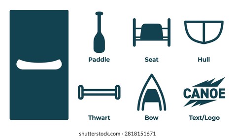 Minimal Dark Teal Canoe Icon Set Featuring Flat Vector Illustrations of Paddle Seat Hull Thwart and Bow for Nautical Design Branding and Outdoor Recreation Graphics Projects