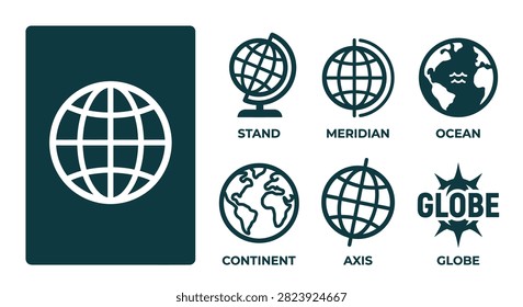 Minimal dark teal globe icon set featuring world map variations including meridian, stand, ocean, continent, and axis labels. Clean flat vector style for travel or geography themes.