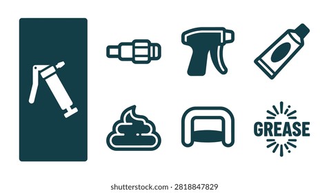 Minimal dark teal grease gun icon set including lubrication tools like couplers, triggers, and tubes in flat vector style. Useful for mechanical maintenance and industrial design.