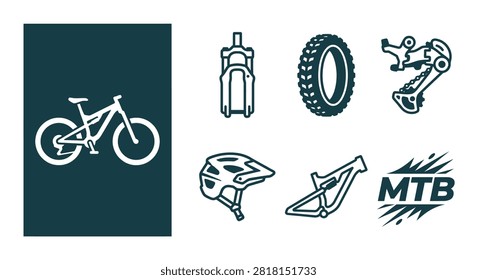 Minimal dark teal mountain bike icon set featuring vector illustrations of a bicycle, suspension fork, knobbly tire, derailleur, helmet, frame, and MTB text on white background.