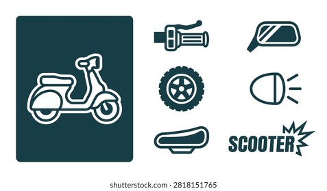 Minimal dark teal scooter icon set with flat vector illustrations of a motor scooter, handlebar grip, side mirror, tire, headlight, seat, and typography logo on white background.