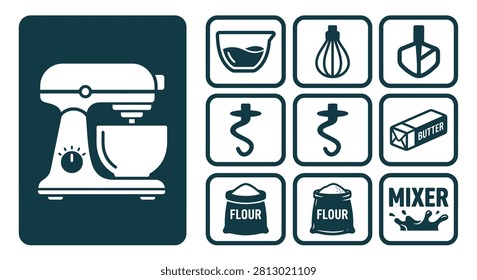 Minimal dark teal stand mixer icon set with essential baking tools. Includes flat vector illustrations of a whisk, dough hooks, flour bags, and butter. Ideal for culinary branding and UI.