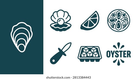 Minimal dark teal and white oyster icon set featuring shell, pearl, lemon wedge, seafood platter, shucking knife, ice tray, and typography in clean flat vector style.