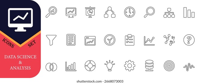 Minimal data science and analysis icon set featuring charts, graphs, database, process, and research symbols. Perfect for reports, AI, business, and analytics design.