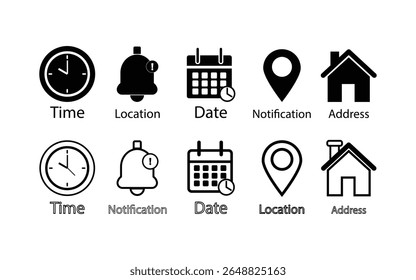 Iconos de Locación de fecha y hora mínimos: conjunto de Vectores planos de calendario, reloj, marcador de mapa y símbolos de notificación de campana.
