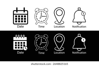 Ícones de localização de data e hora mínimos - conjunto de vetor plano de símbolos de notificação de calendário, relógio, marcador de mapa e campainha.
