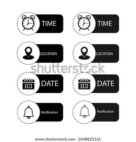 Minimal Date Time Location Icons – Flat Vector Set of Calendar, Clock, Map Marker and Bell Notification Symbols.
