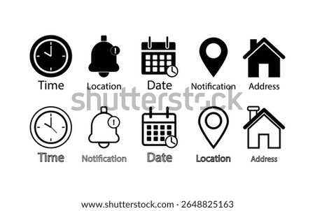 Minimal Date Time Location Icons – Flat Vector Set of Calendar, Clock, Map Marker and Bell Notification Symbols.
