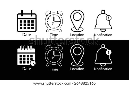 Minimal Date Time Location Icons – Flat Vector Set of Calendar, Clock, Map Marker and Bell Notification Symbols.
