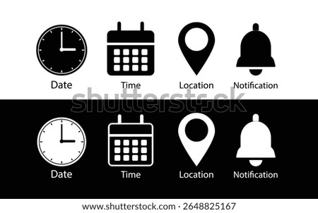 Minimal Date Time Location Icons – Flat Vector Set of Calendar, Clock, Map Marker and Bell Notification Symbols.
