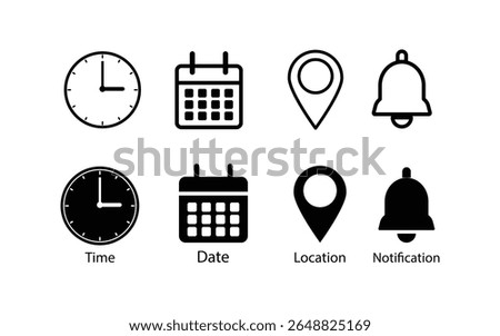 Minimal Date Time Location Icons – Flat Vector Set of Calendar, Clock, Map Marker and Bell Notification Symbols.
